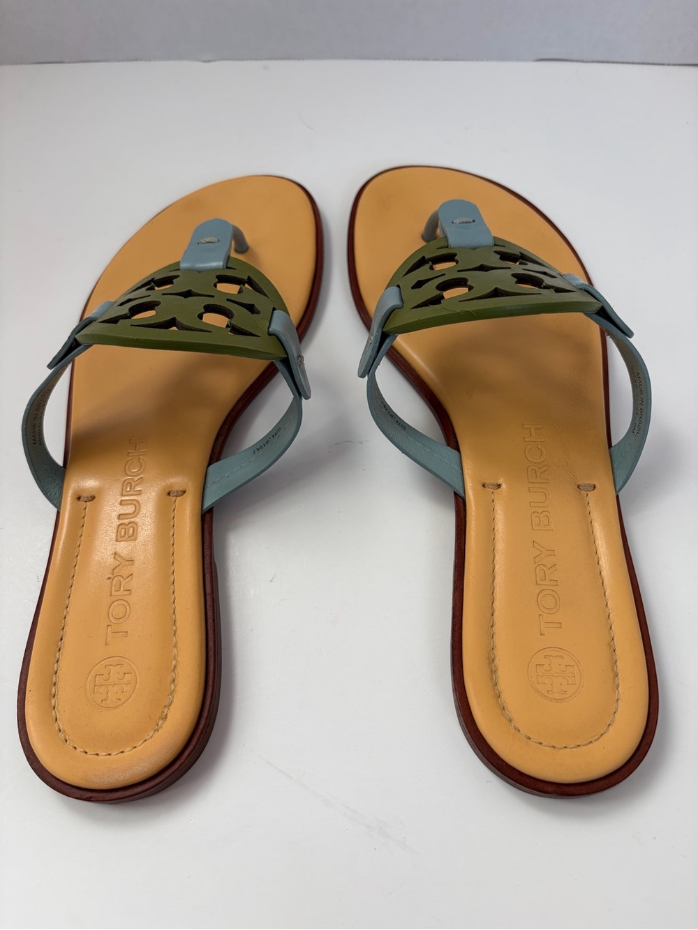 Tory Burch Miller Sandals Double T Logo Leather Green Tan Northern Blue Size 9M - Picture 6 of 16